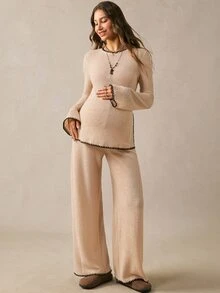 Boho Mama Setelan Ibu Hamil Serbaguna dengan Atasan Lengan Panjang dan Celana Panjang Kasual Warna Kontras, 2 Potongan, Cocok untuk Musim Gugur, Gaya Konser Country, Lucu dan Chic untuk Acara Jalan-jalan. - Khaki - View 5
