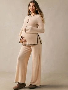 Boho Mama Setelan Ibu Hamil Serbaguna dengan Atasan Lengan Panjang dan Celana Panjang Kasual Warna Kontras, 2 Potongan, Cocok untuk Musim Gugur, Gaya Konser Country, Lucu dan Chic untuk Acara Jalan-jalan. - Khaki - View 1