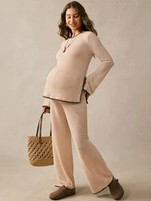 Boho Mama Setelan Ibu Hamil Serbaguna dengan Atasan Lengan Panjang dan Celana Panjang Kasual Warna Kontras, 2 Potongan, Cocok untuk Musim Gugur, Gaya Konser Country, Lucu dan Chic untuk Acara Jalan-jalan. - Khaki - View 8