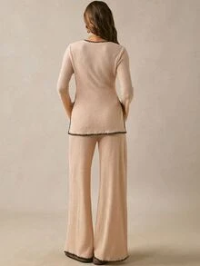 Boho Mama Setelan Ibu Hamil Serbaguna dengan Atasan Lengan Panjang dan Celana Panjang Kasual Warna Kontras, 2 Potongan, Cocok untuk Musim Gugur, Gaya Konser Country, Lucu dan Chic untuk Acara Jalan-jalan. - Khaki - View 4
