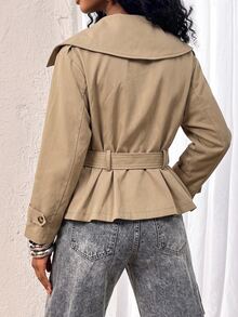 Glyssa Early Autumn Women's Short Trench Coat With Large Collar, Belt Waist, Double-Breasted, Ruffle Hem, Khaki Color - Khaki - View 3