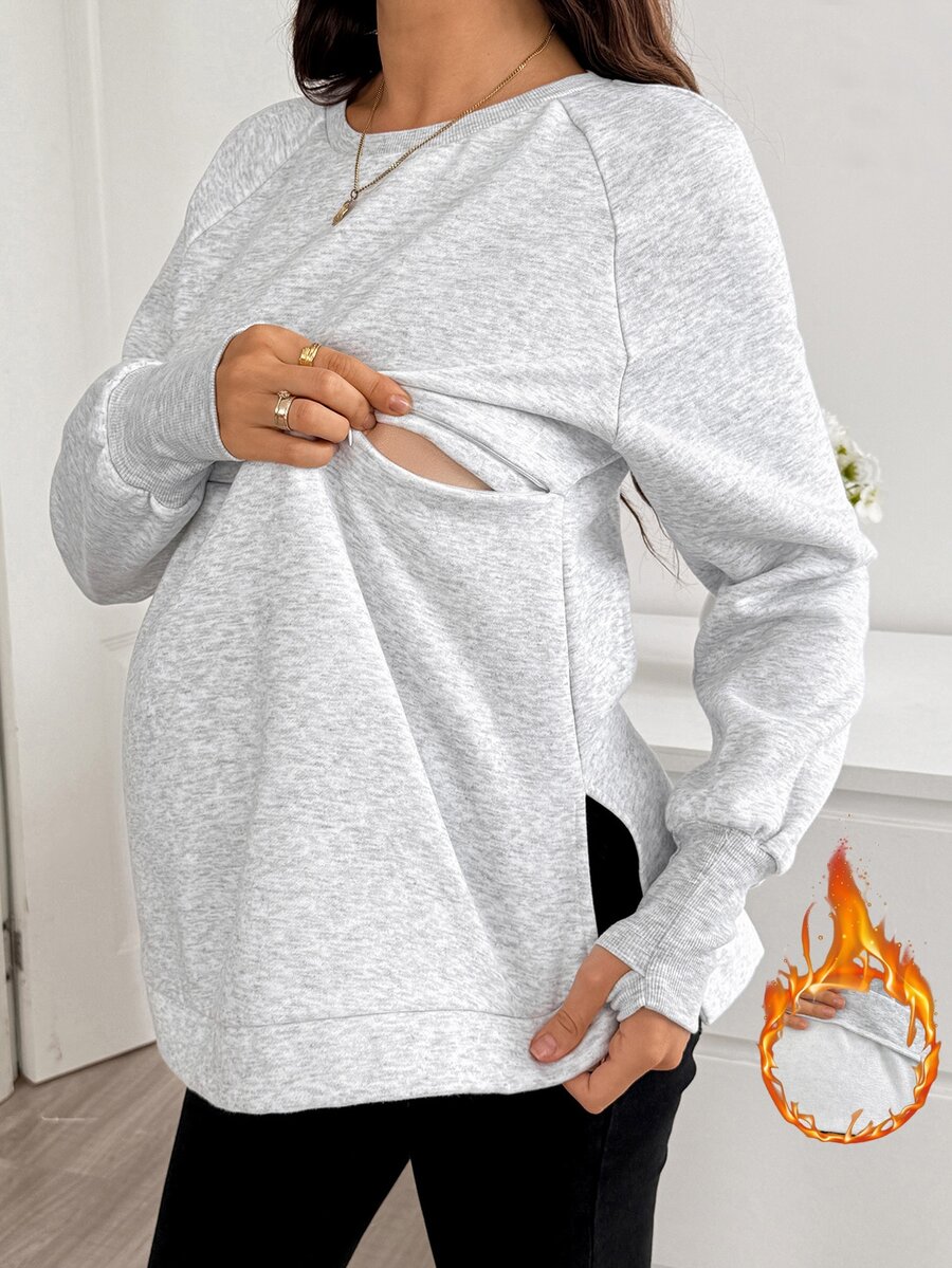 SHEIN Maternity Solid Color Nursing Function Casual Baggy Daily Photoshoot Business Long Sleeve Sweatshirt Autumn Grey - Grey - View 1