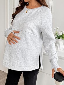 SHEIN Maternity Solid Color Nursing Function Casual Baggy Daily Photoshoot Business Long Sleeve Sweatshirt Autumn Grey - Grey - View 5