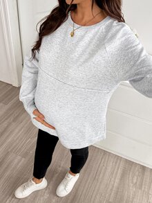 SHEIN Maternity Solid Color Nursing Function Casual Baggy Daily Photoshoot Business Long Sleeve Sweatshirt Autumn Grey - Grey - View 3