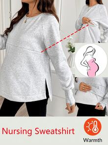 SHEIN Maternity Solid Color Nursing Function Casual Baggy Daily Photoshoot Business Long Sleeve Sweatshirt Autumn Grey - Grey - View 2
