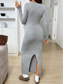 SHEIN Maternity Solid Color Button Half-Placket Long Sleeve Slim Fit Casual Dress Pregnancy Breastfeeding Autumn Fall Basic Cute Chic Going Out - Light Grey - View 5