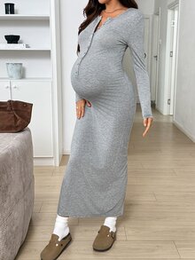 SHEIN Maternity Solid Color Button Half-Placket Long Sleeve Slim Fit Casual Dress Pregnancy Breastfeeding Autumn Fall Basic Cute Chic Going Out - Light Grey - View 6