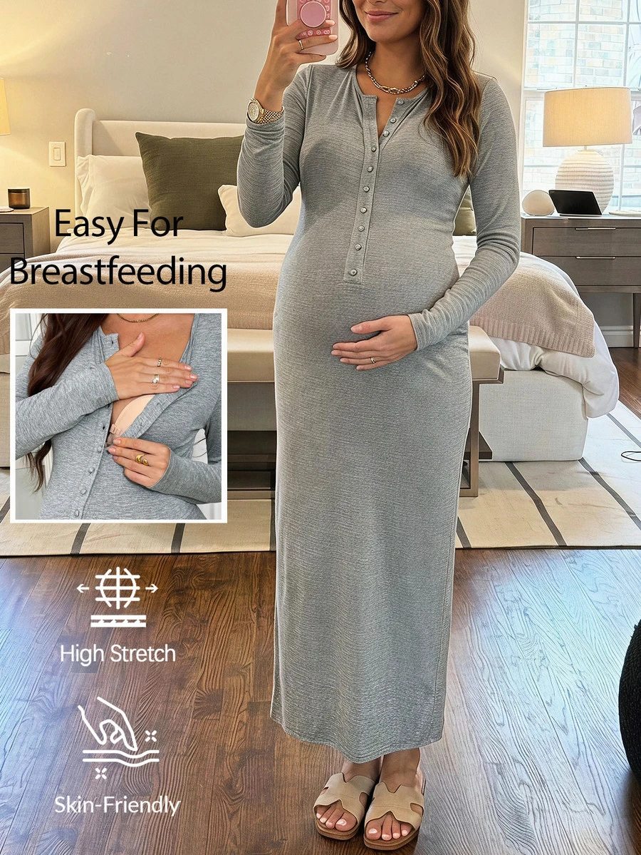 SHEIN Maternity Solid Color Button Half-Placket Long Sleeve Slim Fit Casual Dress Pregnancy Breastfeeding Autumn Fall Basic Cute Chic Going Out - Light Grey - View 1