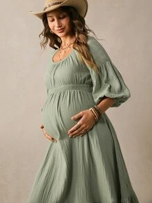 Boho Mama Maternity Casual Romantic Sexy Loose Fit Vacation Dress Photoshoot Formal Sage Green Fall Outfit Baby Shower Party Country Concert Chic - Green - View 2