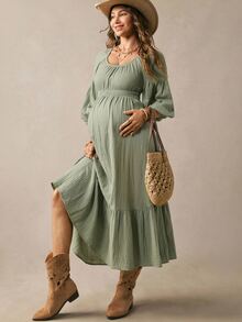 Boho Mama Maternity Casual Romantic Sexy Loose Fit Vacation Dress Photoshoot Formal Sage Green Fall Outfit Baby Shower Party Country Concert Chic - Green - View 8