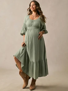 Boho Mama Maternity Casual Romantic Sexy Loose Fit Vacation Dress Photoshoot Formal Sage Green Fall Outfit Baby Shower Party Country Concert Chic - Green - View 4