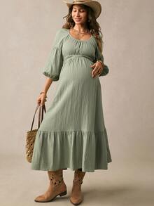 Boho Mama Maternity Casual Romantic Sexy Loose Fit Vacation Dress Photoshoot Formal Sage Green Fall Outfit Baby Shower Party Country Concert Chic - Green - View 6