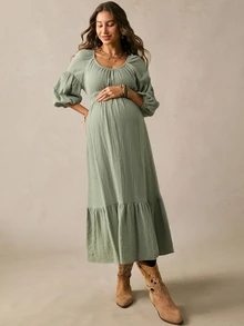 Boho Mama Maternity Casual Romantic Sexy Loose Fit Vacation Dress Photoshoot Formal Sage Green Fall Outfit Baby Shower Party Country Concert Chic - Green - View 5