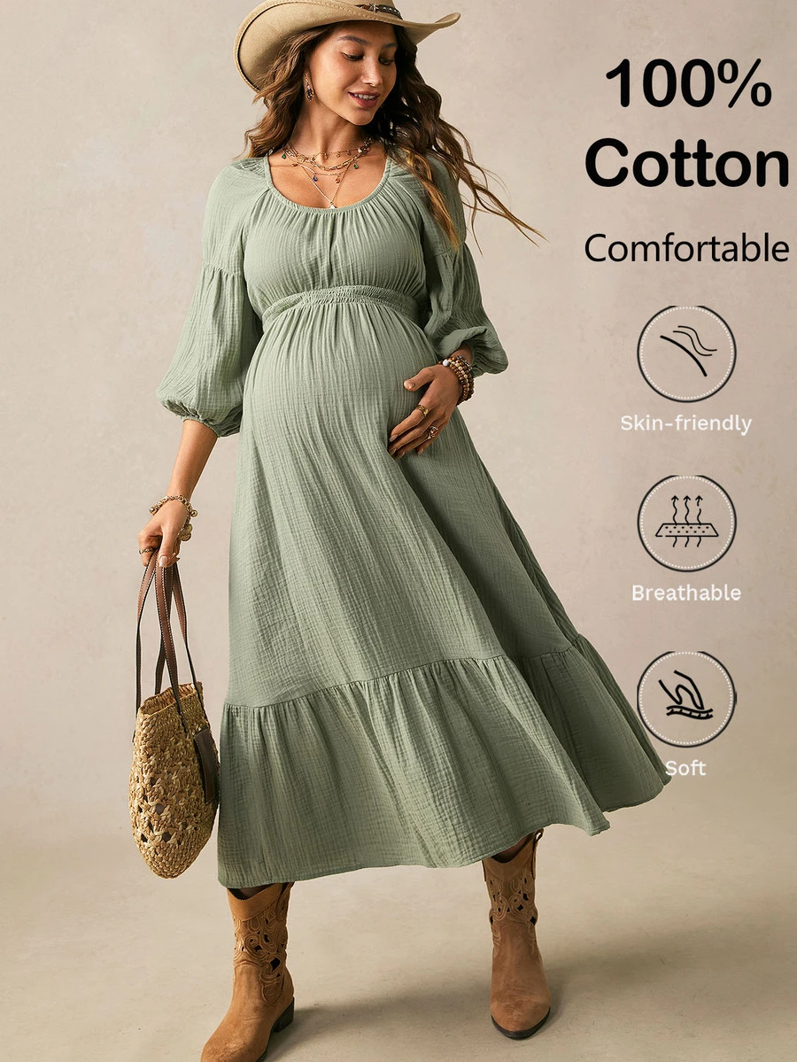 Boho Mama Maternity Casual Romantic Sexy Loose Fit Vacation Dress Photoshoot Formal Sage Green Fall Outfit Baby Shower Party Country Concert Chic - Green - View 1