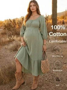Boho Mama Maternity Casual Romantic Sexy Loose Fit Vacation Dress Photoshoot Formal Sage Green Fall Outfit Baby Shower Party Country Concert Chic - Green - View 3