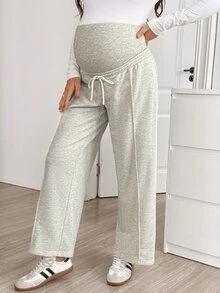 SHEIN بنطلون رياضي كاجوال للحوامل بلون موحد وخصر قابل للتعديل - رمادي فاتح - مشاهدة 5