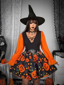 Whyspr Gaun Pendek Model Mengembang dengan Potongan V, Leher V, dan Detail Ramping, Motif Punk Grunge Halloween, Kain Patchwork, Pita Cincin Logam Warna Kontras, dan Potongan Pinggang Ramping. - MultiWarna - View 5