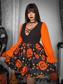 Whyspr Gaun Pendek Model Mengembang dengan Potongan V, Leher V, dan Detail Ramping, Motif Punk Grunge Halloween, Kain Patchwork, Pita Cincin Logam Warna Kontras, dan Potongan Pinggang Ramping. - MultiWarna - View 3