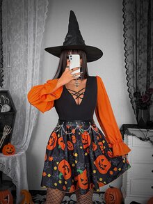 Whyspr Gaun Pendek Model Mengembang dengan Potongan V, Leher V, dan Detail Ramping, Motif Punk Grunge Halloween, Kain Patchwork, Pita Cincin Logam Warna Kontras, dan Potongan Pinggang Ramping. - MultiWarna - View 8