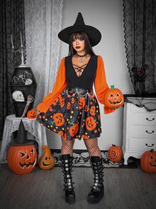 Whyspr Gaun Pendek Model Mengembang dengan Potongan V, Leher V, dan Detail Ramping, Motif Punk Grunge Halloween, Kain Patchwork, Pita Cincin Logam Warna Kontras, dan Potongan Pinggang Ramping. - MultiWarna - View 6