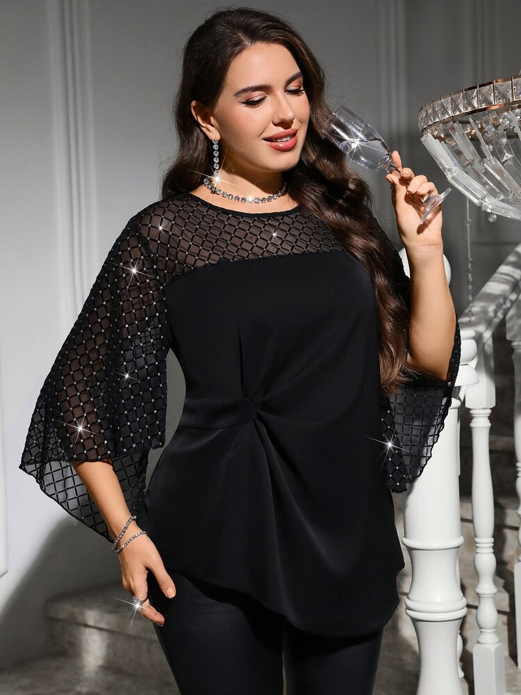 Reflora Plus Size Rhinestone Mesh Pleated Asymmetrical Hem Blouse Fall - Black - View 6