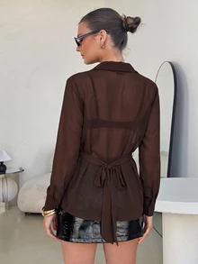 Lavishia Women's Solid Color Mesh Casual Versatile Daily Wear Blouse - Brown - View 5