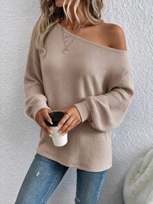 SHEIN Clasi Atasan Rajut Kasual Wanita dengan Tekstur Waffle dan Bahu Terbuka, Serbaguna untuk Musim Gugur/Musim Dingin, Kaos Lengan Kelelawar dengan Bahu Terbuka - Aprikot - View 1