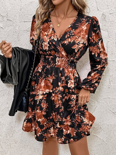 SHEIN Clasi Women's Elegant Autumn Vintage Floral Print Waist-Cinching Long Sleeve Midi Dress, Suitable For Country Music Festival, Bohemian, Autumn