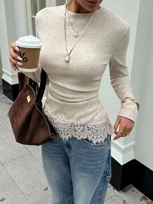 Lavishia Women's Elegant Autumn Light Gray Round Neck Long Sleeve Slim Fit T-Shirt, Contrast Color Lace Embroidered Ruffle Hem Top, Versatile Autumn Top - Apricot - View 2