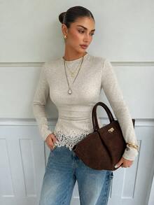 Lavishia Women's Elegant Autumn Light Gray Round Neck Long Sleeve Slim Fit T-Shirt, Contrast Color Lace Embroidered Ruffle Hem Top, Versatile Autumn Top - Apricot - View 5