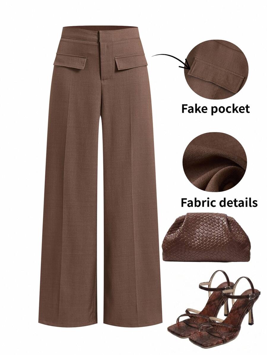 Lavishia Decorative Pocket Straight Leg Pants, Elegant And Crisp, Autumn/Winter Long Pants - Cocoa - View 1