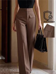 Lavishia Decorative Pocket Straight Leg Pants, Elegant And Crisp, Autumn/Winter Long Pants - Cocoa - View 2