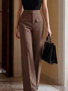 Lavishia Decorative Pocket Straight Leg Pants, Elegant And Crisp, Autumn/Winter Long Pants - Cocoa - View 10