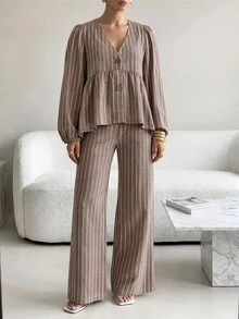 Lavishia Setelan Linen Nyaman Lengan Panjang Model Lentera Terbaru untuk Wanita Musim Gugur/Dingin, Atasan Berkerut dan Celana Bergaris, Cocok untuk Liburan dan Pakaian Kasual - MultiWarna - View 7