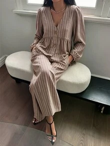 Lavishia Setelan Linen Nyaman Lengan Panjang Model Lentera Terbaru untuk Wanita Musim Gugur/Dingin, Atasan Berkerut dan Celana Bergaris, Cocok untuk Liburan dan Pakaian Kasual - MultiWarna - View 3
