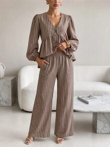 Lavishia Setelan Linen Nyaman Lengan Panjang Model Lentera Terbaru untuk Wanita Musim Gugur/Dingin, Atasan Berkerut dan Celana Bergaris, Cocok untuk Liburan dan Pakaian Kasual - MultiWarna - View 6