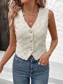 Easowa Solid Button Front Sleeveless Blouse Brunch Daytime Off-White Summer French Elegant - Apricot - View 3