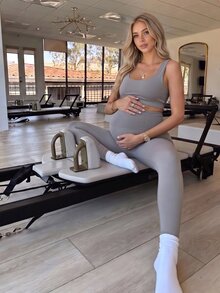 SHEIN Maternity Casual Versatile Solid Color High Waist Slim Fit Sports Long Pants - Light Grey - View 1