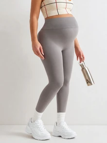 SHEIN Maternity Casual Versatile Solid Color High Waist Slim Fit Sports Long Pants - Light Grey - View 2