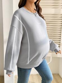 SHEIN Maternity Letter Print Crew Neck Long Sleeve Casual Sweatshirt Winter - Light Grey - View 3