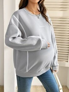 SHEIN Maternity Letter Print Crew Neck Long Sleeve Casual Sweatshirt Winter - Light Grey - View 4