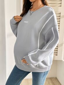 SHEIN Maternity Letter Print Crew Neck Long Sleeve Casual Sweatshirt Winter - Light Grey - View 2