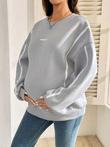 SHEIN Maternity Letter Print Crew Neck Long Sleeve Casual Sweatshirt Winter - Light Grey - View 5