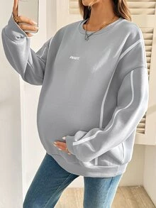 SHEIN Maternity Letter Print Crew Neck Long Sleeve Casual Sweatshirt Winter - Light Grey - View 1