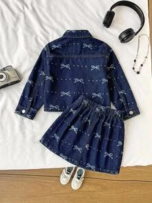 2件組女童Y2K復古蝴蝶結印花藍色丹寧短夾克與裙子套裝，秋冬款，女童校服，聖誕套裝，幼童套裝 - 深色水洗藍 - 查看 2