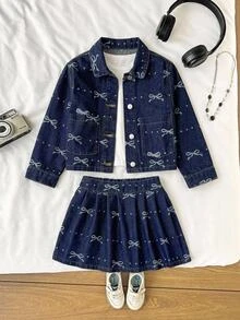 2件組女童Y2K復古蝴蝶結印花藍色丹寧短夾克與裙子套裝，秋冬款，女童校服，聖誕套裝，幼童套裝 - 深色水洗藍 - 查看 3