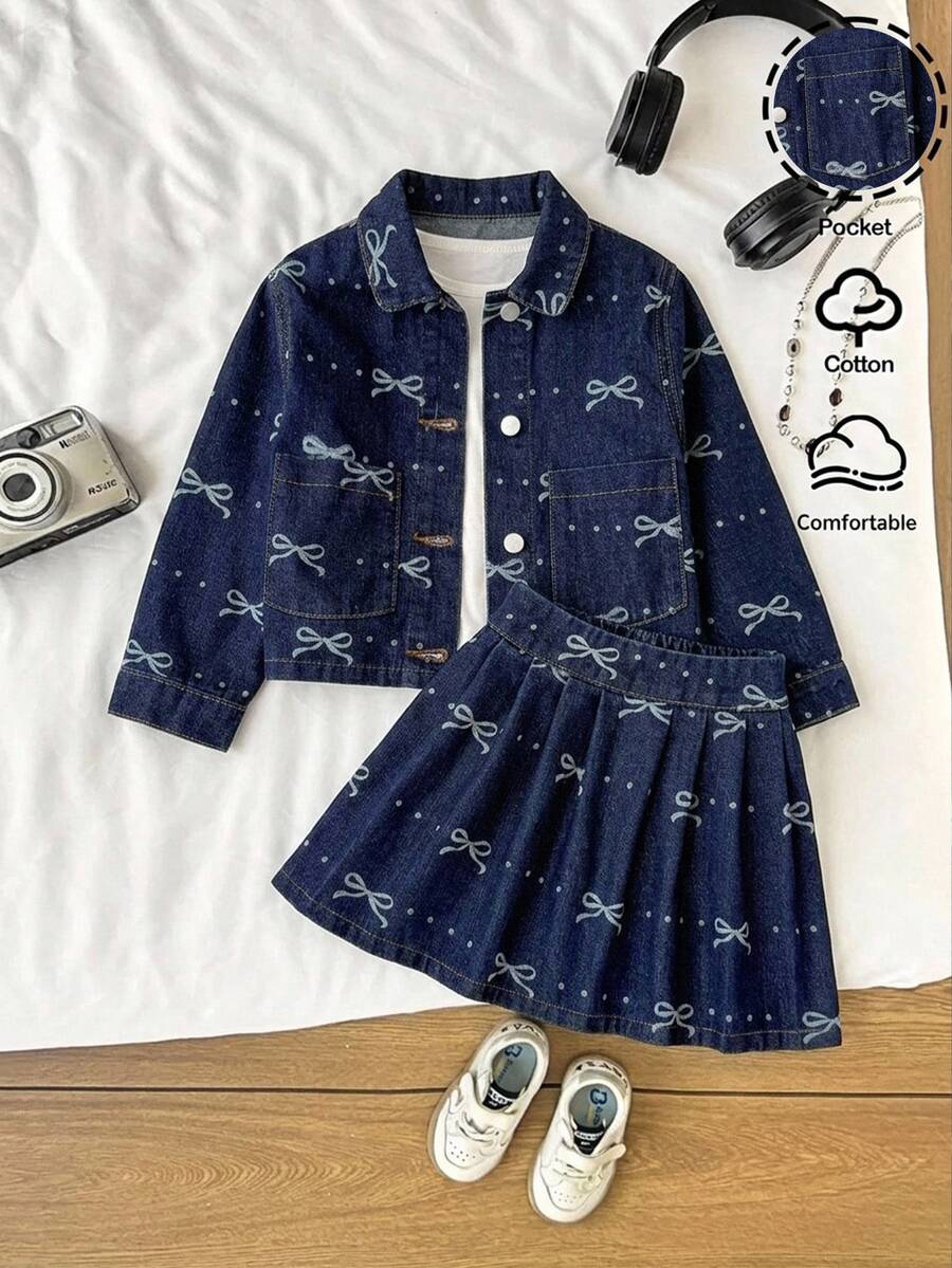 2件組女童Y2K復古蝴蝶結印花藍色丹寧短夾克與裙子套裝,秋冬款,女童校服,聖誕套裝,幼童套裝 - 深色水洗藍 - 查看 1