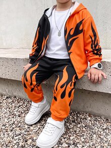 SHEIN 青少年男孩休閒街頭時尚霓虹火焰印花酷感連帽衫與運動長褲套裝，適合通勤、上學、日常休閒外出、運動，秋冬穿著 - 黑色 - 查看 5