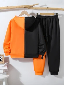 SHEIN 青少年男孩休閒街頭時尚霓虹火焰印花酷感連帽衫與運動長褲套裝，適合通勤、上學、日常休閒外出、運動，秋冬穿著 - 黑色 - 查看 3