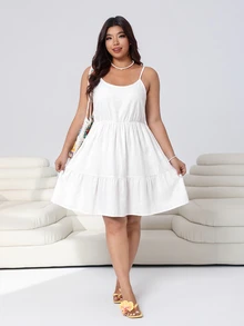Solflare Plus Size Women's White Spring/Summer Ruffle Hem Cami Dress - White - View 4